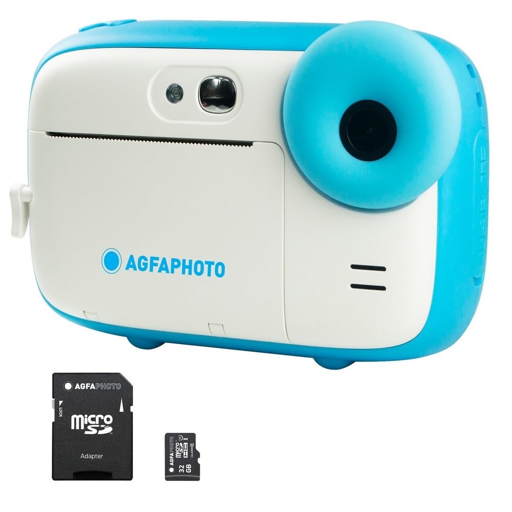 AGFA Photo Realikids Instant Cam + 1 Micro-SD Card 32 GB – Instant camera for kids, 2.4-inch LCD display, lithium battery, selfie mirror, and photo filters – Blue