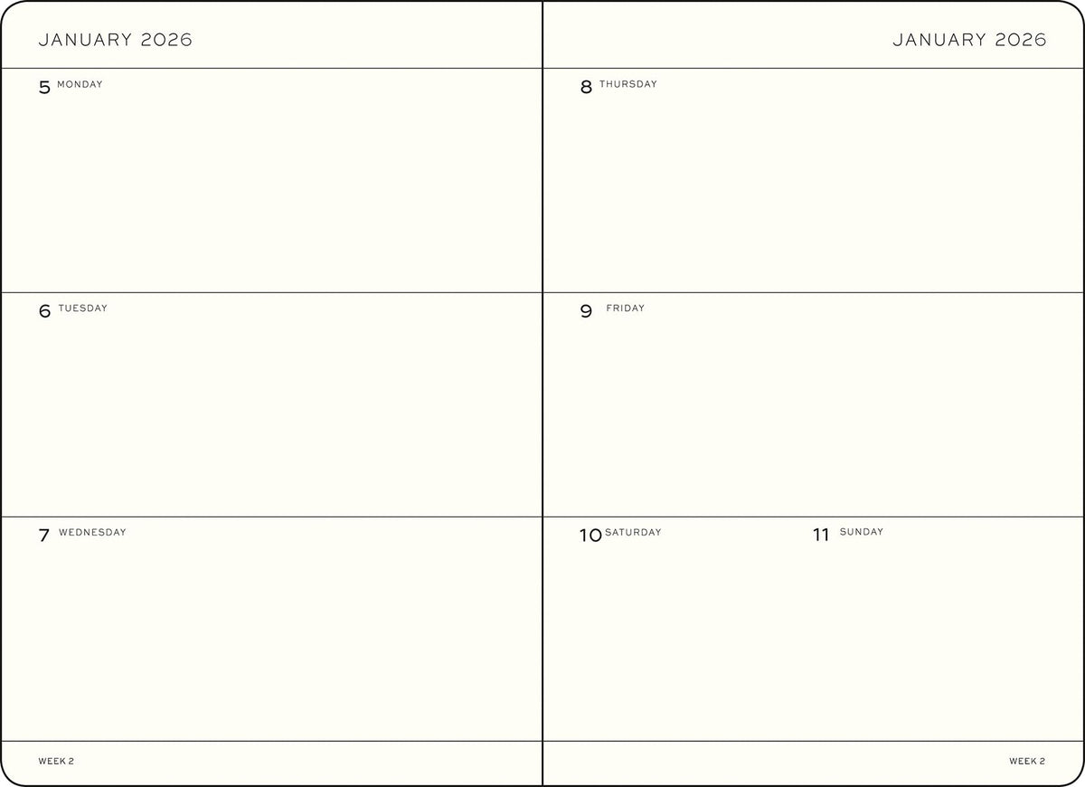 LEUCHTTURM1917 372740 Calendar săptămânal mediu (A5) 2026, copertă moale, frunză de primăvară, engleză