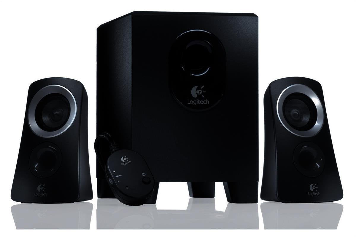 Logitech Z313 2.1 speaker system with subwoofer, 50 watt peak power, 3.5 mm input, headphone jack, controls on the control unit, UK plug, PC/TV/tablet/mobile phone - black - 980-000447