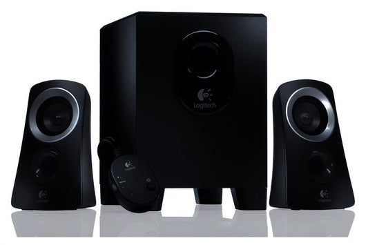 Logitech Z313 2.1 speaker system with subwoofer, 50 watt peak power, 3.5 mm input, headphone jack, controls on the control unit, UK plug, PC/TV/tablet/mobile phone - black - 980-000447