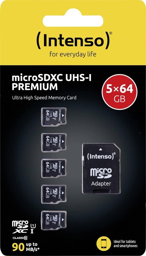 Intenso Premium microSD card 64GB set of 5 - microSDXC, Class 10 UHS-I, up to 90 MB/s, incl. SD adapter, micro SD card set for smartphone & camera - 3423595