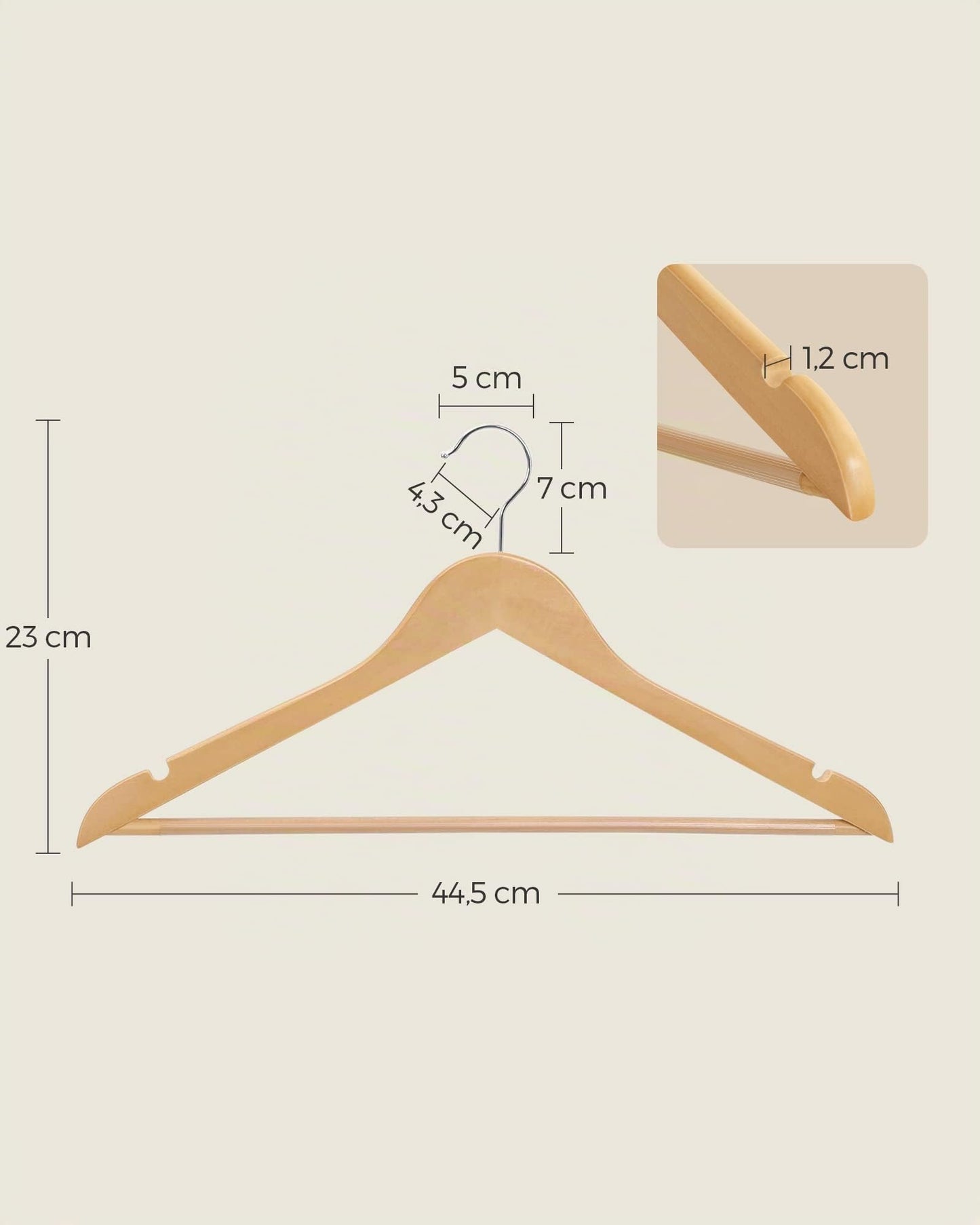 SONGMICS wooden clothes hangers, set of 50, hangers made of solid wood, notches in the shoulder area, non-slip trouser bar, 360° rotating hook, for suits, shirts, natural silver CRW001-50
