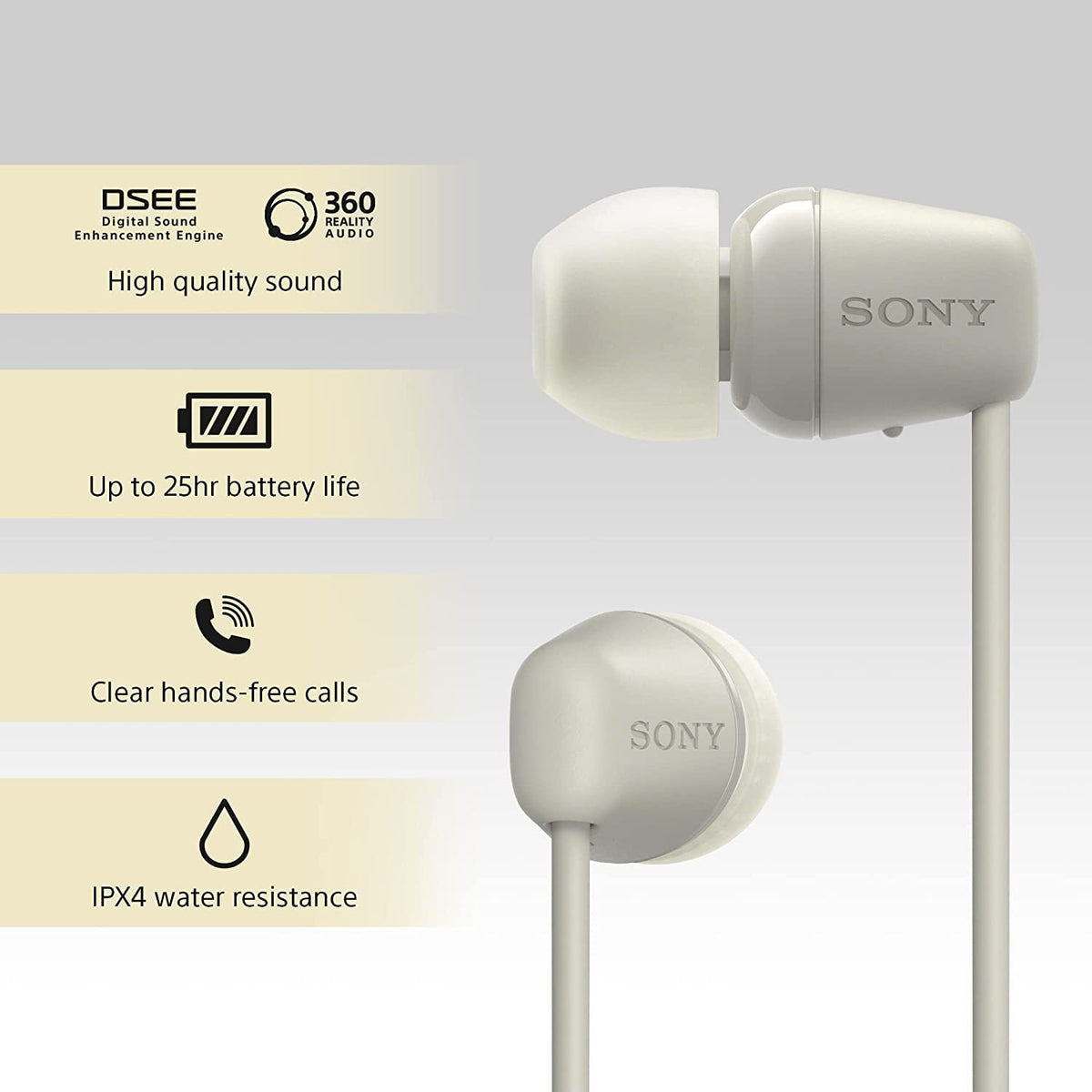 Căști In-Ear Sony kabellose WI-C100 (până la 25 de ore autonomie, optimizate pentru asistenți vocali, microfon integrat pentru apeluri, Bluetooth), Taupe, mici - WIC100CCE7