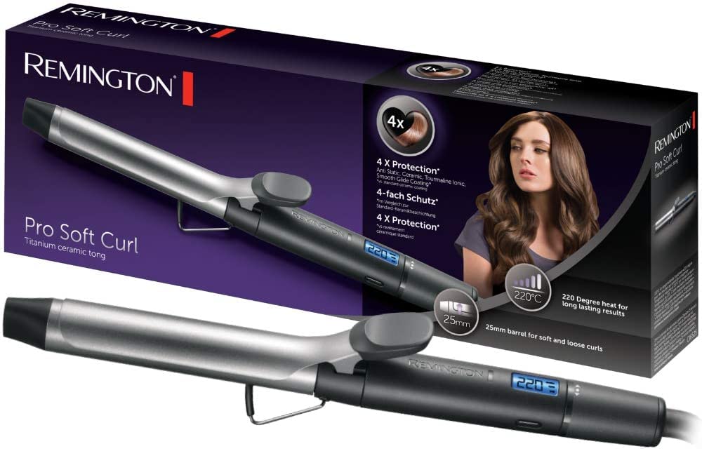 Remington curling iron [25mm] Pro Soft Curl Digital (4-fold protection, anti-static ceramic tourmaline coating) -LCD display 130-220°C, with clamp, soft medium & natural curls, CI6525