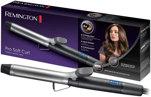 Remington curling iron [25mm] Pro Soft Curl Digital (4-fold protection, anti-static ceramic tourmaline coating) -LCD display 130-220°C, with clamp, soft medium & natural curls, CI6525
