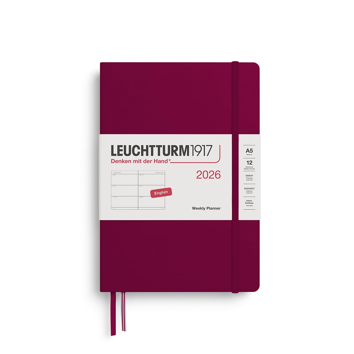 LEUCHTTURM1917 372708 Calendar săptămânal mediu (A5) 2026, Port Red, engleză