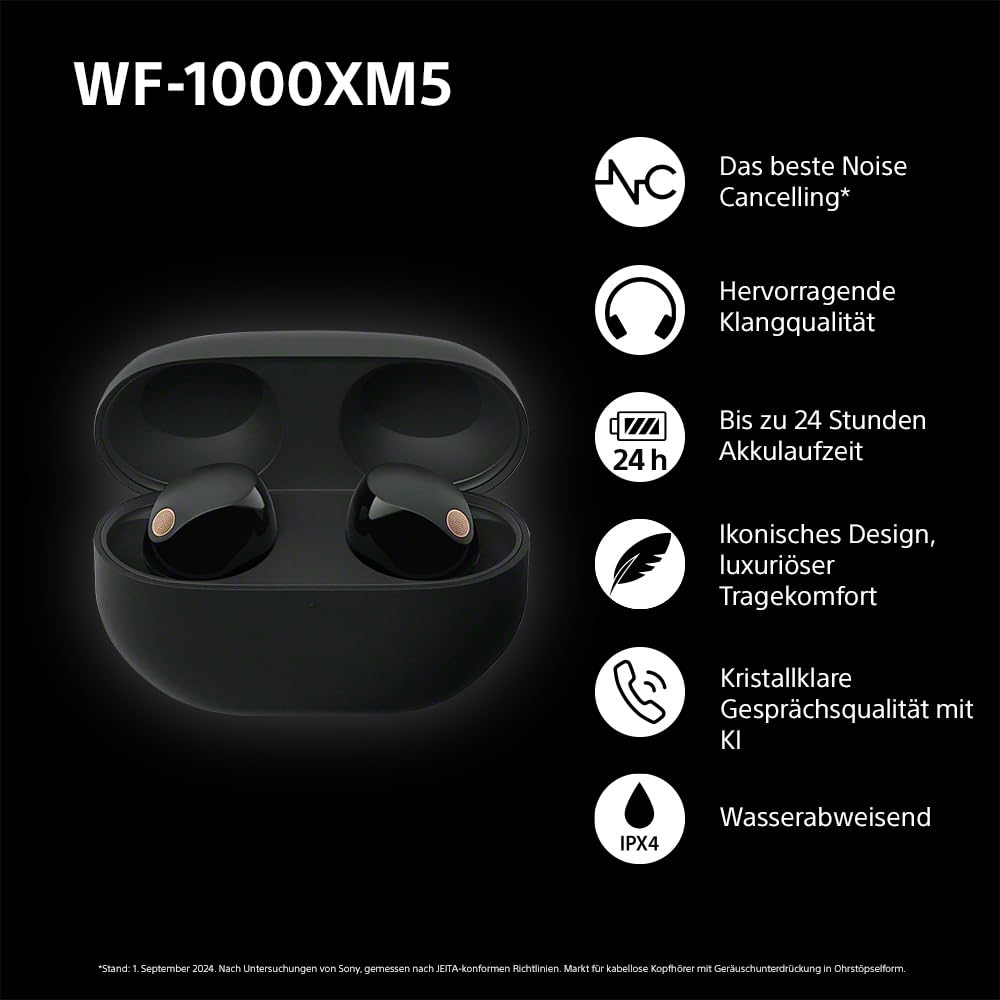 Sony WF-1000XM5 Wireless Noise Canceling Headphones, Bluetooth, In-Ear Headphones, Microphone, Up to 24 Hour Battery Life, Quick Charge Function, IPX4, iOS & Android Compatible - Black, Small - YY2963