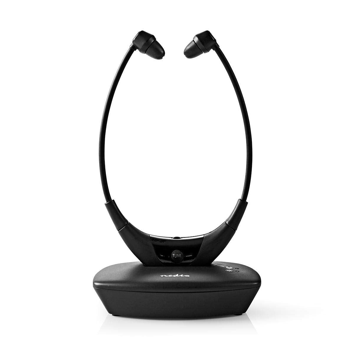 Nedis HPRF010BK Căști TV fără fir - Căști In-Ear RF - Rază de acțiune de 35 m - Acumulator de 200 mAh - Durată de funcționare de 4 ore - Stație de încărcare - Negru