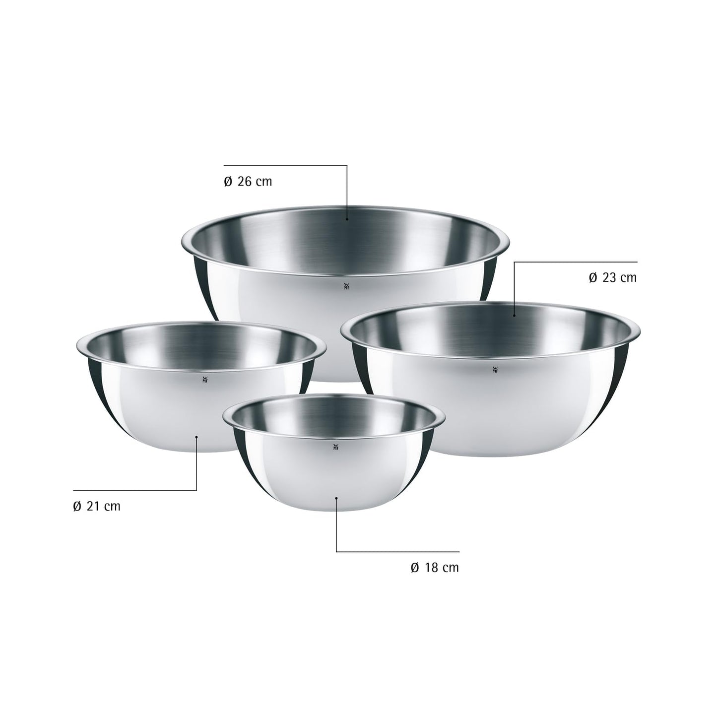 WMF Gourmet bowl set 4 pieces, stainless steel bowls for the kitchen 0.75l - 2.75l, stainless steel mixing bowl, salad bowl, serving bowl, Cromargan, stackable - 645709990