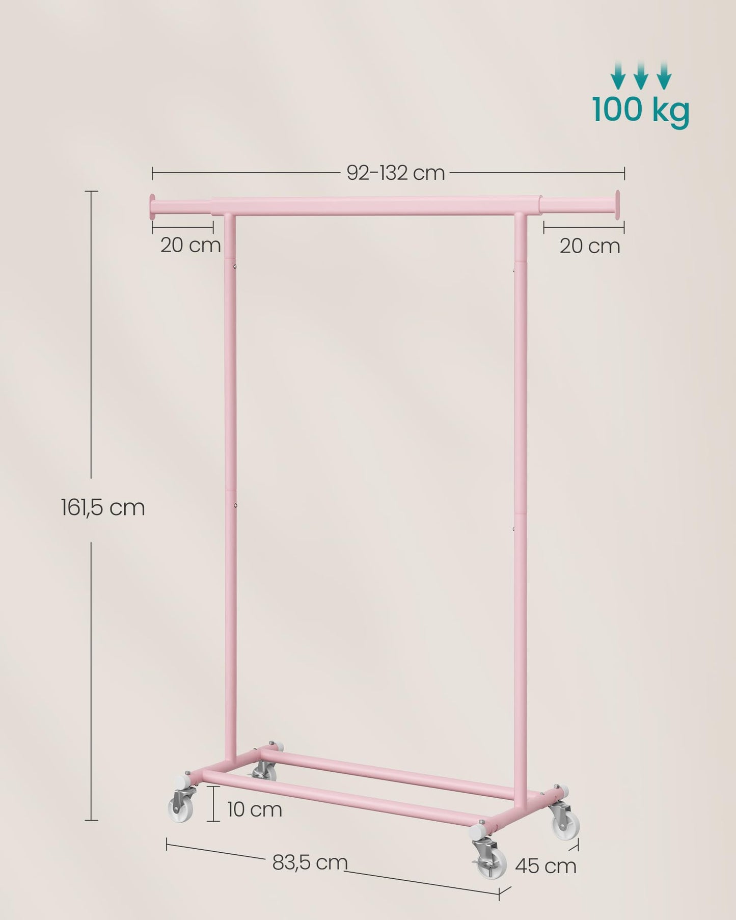 SONGMICS Clothes Rack on Wheels, Heavy Duty Coat Rack, Extendable Clothes Rail, Holds up to 100kg, Easy Assembly, Portable, Pastel Pink HSR013R01 - UHSR013G01
