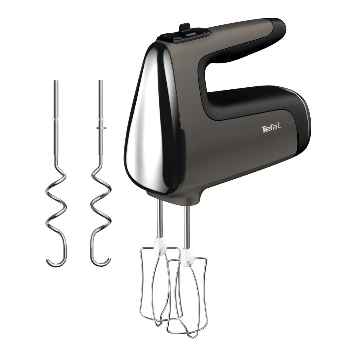 Tefal Power Mix Silence Mixer de mână, 600 Watt, regulator de viteză variabil, funcție Turbo și de ejectare, motor extrem de silențios, aparat de amestecat inclusiv 2 teluri și 2 cârlige de frământat, gri, HT650E38