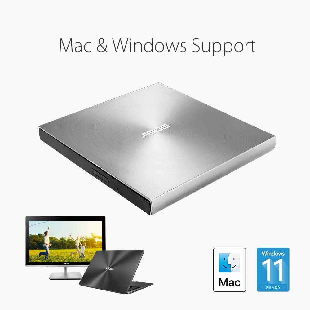 Asus ZenDrive U9M USB-C external ultra slim DVD burner (incl. USB-C cable, burning software & Nero backup app), for Apple MacBooks and Windows 7/8 / 10/11 PCs/notebooks, USB 2.0, silver - 90-DT00205-UA219KZ