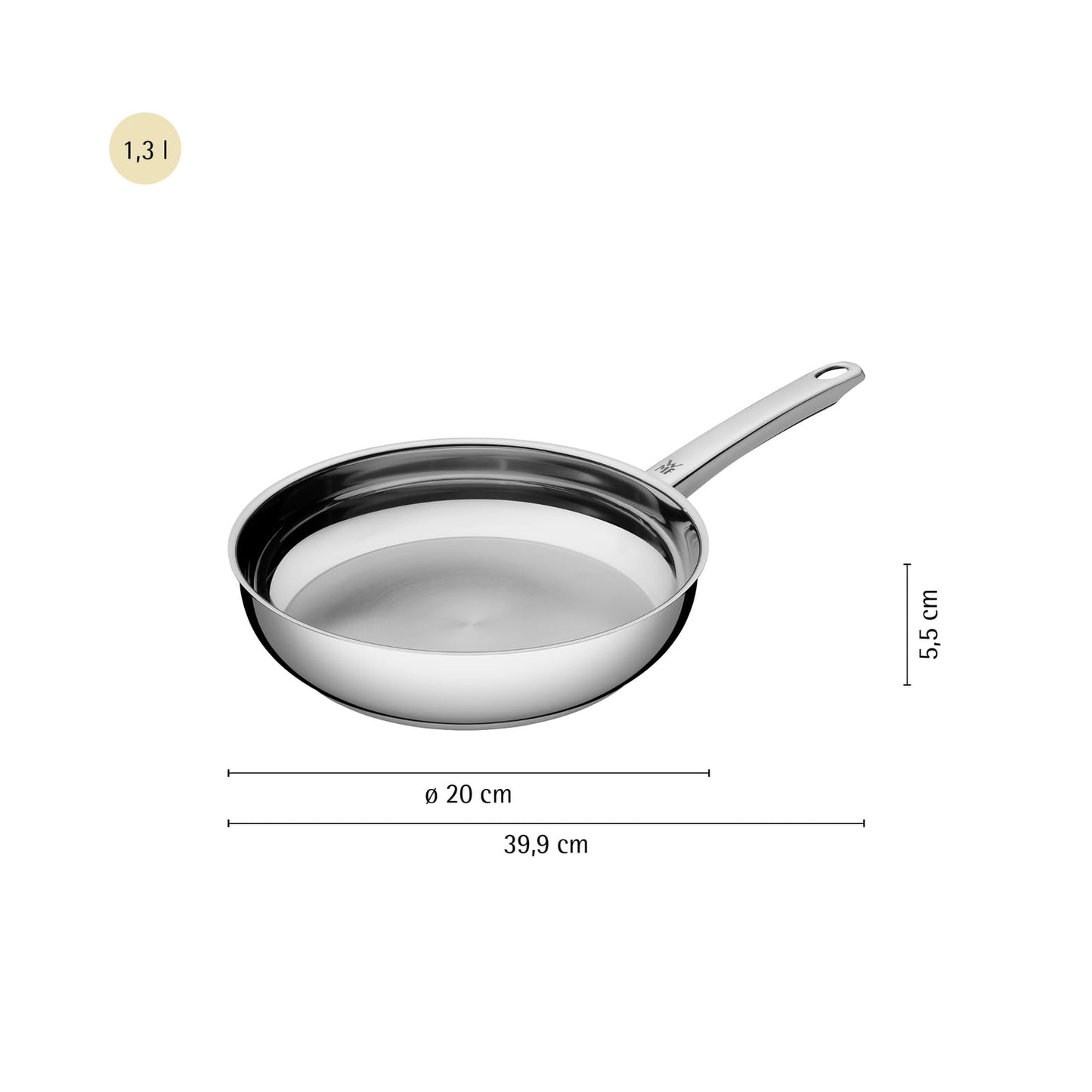 WMF professional stainless steel pan 20 cm, induction frying pan, uncoated, dishwasher safe, oven safe up to 250 degrees, suitable for all types of stoves, for high temperatures, drip-free, ergonomic - 790306991