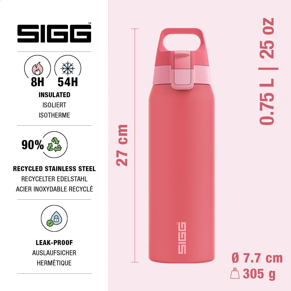 SIGG - Insulated drinking bottle - Thermos bottle Shield Therm One Multicolor Ruby - carbonated drinks - leak-proof - dishwasher safe - BPA-free - 90% recycled stainless steel - pink - 0.75L - 6228.60