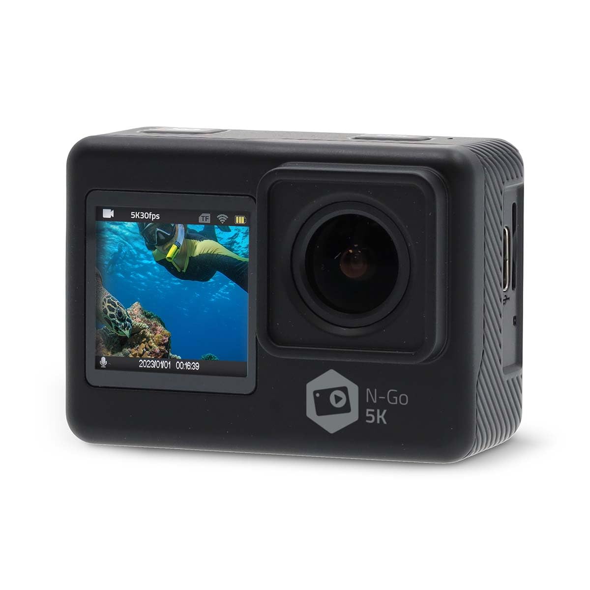 Nedis Action Cam - 5K@30fps - 16 MPixel - Waterproof up to: 30.00 m - 80 min - Wi-Fi - App available for: Android/iOS - Includes mount - Black - ACAM71BK
