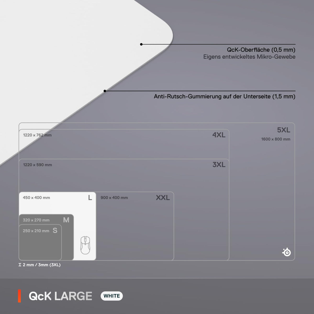 SteelSeries QcK Mousepad (Mare) – Alb – Anti-alunecare din cauciuc pe partea de jos – Cel mai bun tracking – Optimizat pentru senzori de gaming – 450 mm x 400 mm – FPS, MOBAs, RTS, MMO - 63464