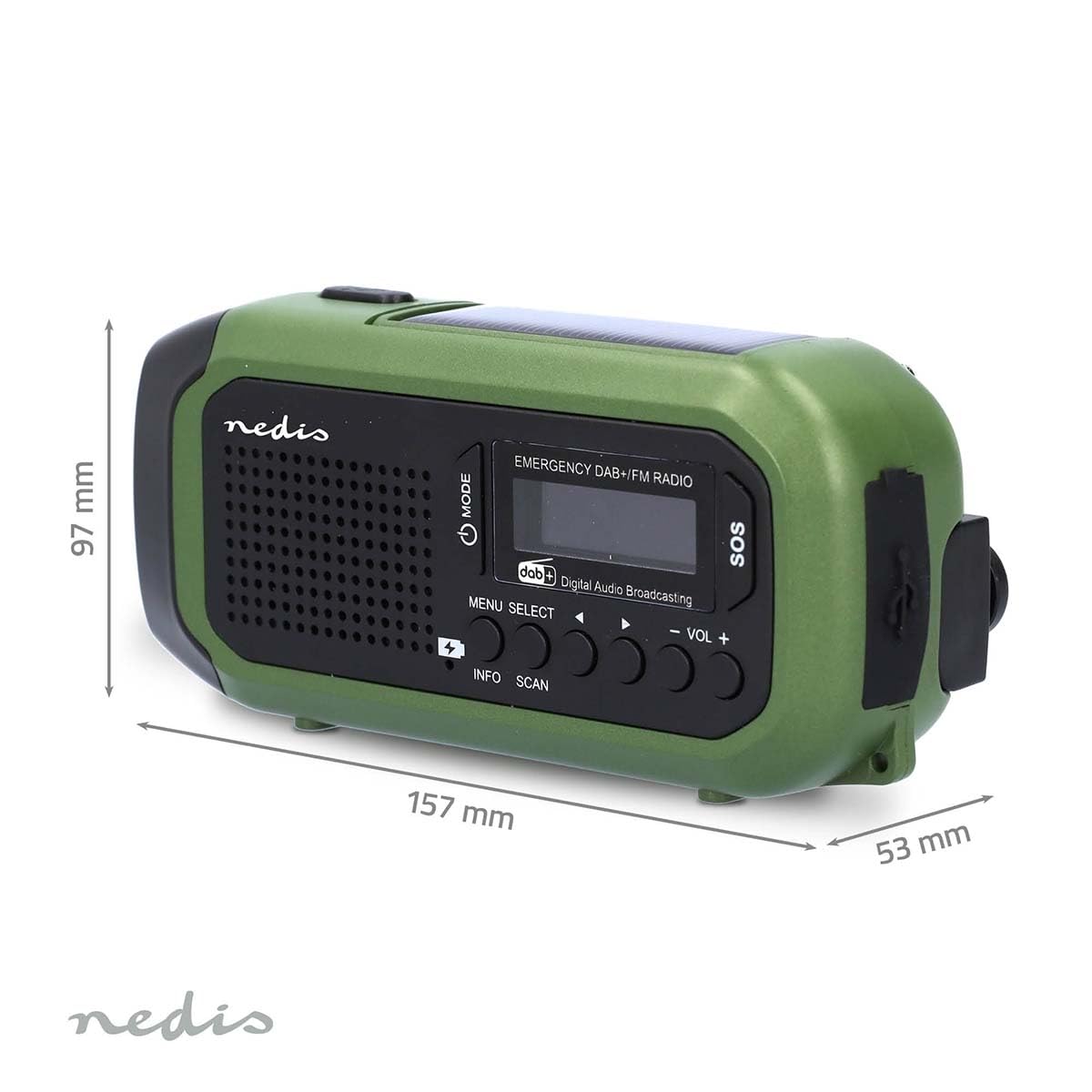 Radio de urgență - Execuție portabilă - DAB+ / FM - Funcționare cu baterii / manivelă / alimentare solară / alimentare prin USB - Ceas deșteptător - Verde / Negru - RDDBCR2000GN