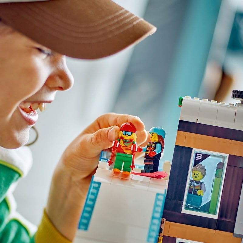 LEGO 60366 City Winter Sports Park, set with winter sports shop, café and a working lift for skiers, toy with 8 minifigures and an owl figure, building with modules, 2023 gift