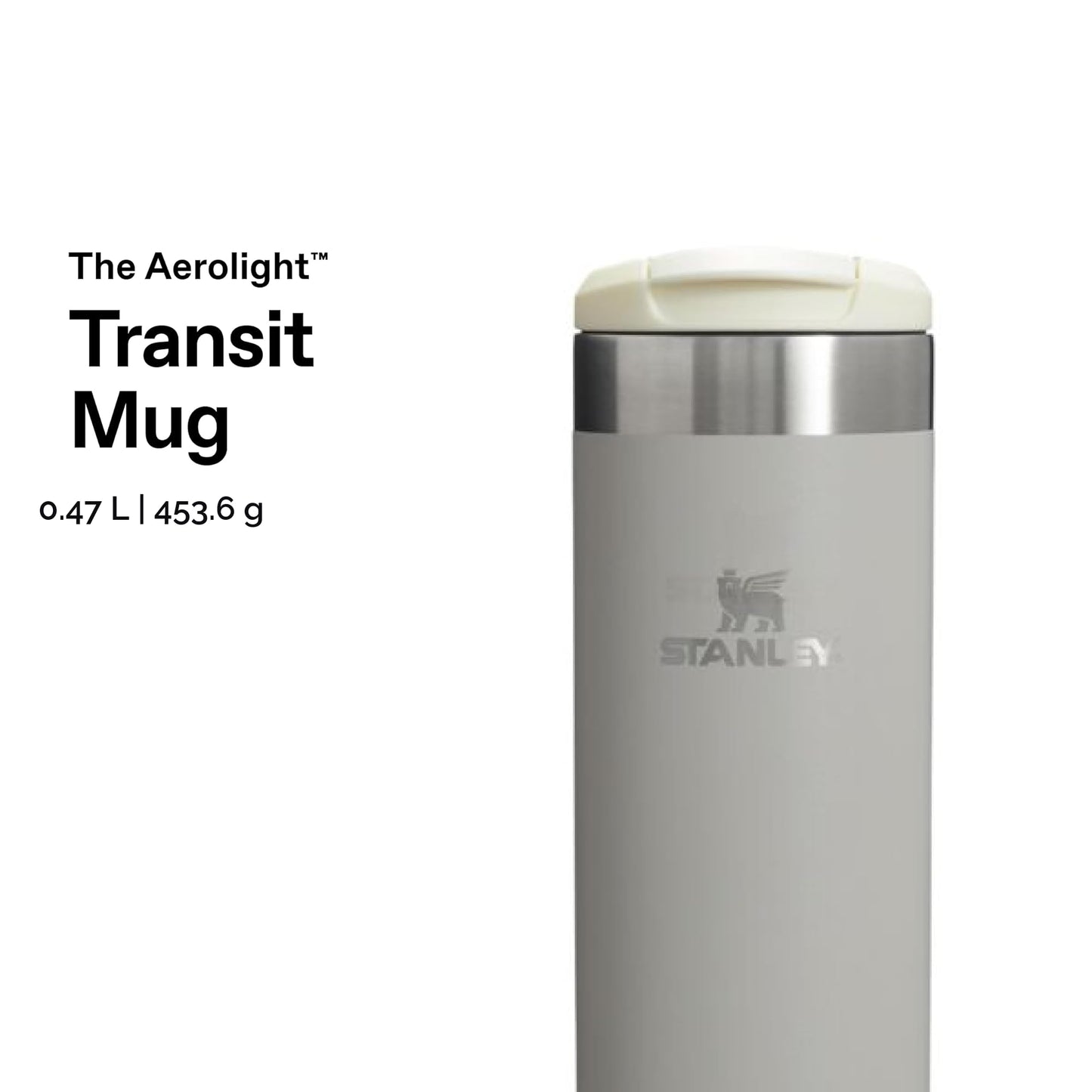 Stanley 1913 Aerolight Transit Thermo Mug 0.47L - Keeps Hot for 6 Hours - Dishwasher Safe - Coffee Mug To Go Leak-Proof - Compatible with Common Car Drink Holders - Thermos Flask - Ash - 10-10787-216