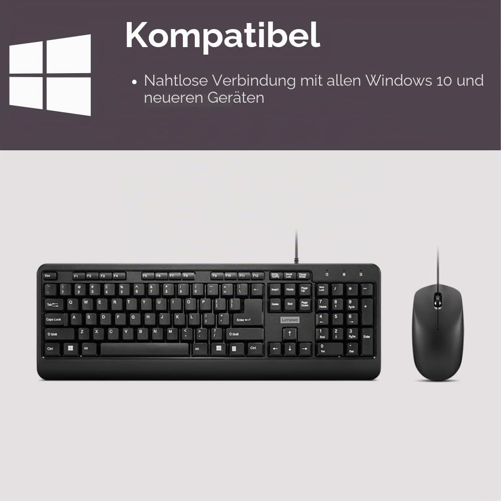 Lenovo 160 combinație între tastatură și mouse cu fir | Exoschelet rezistent la apă | Taste rezistente la stropi | Mouse de dimensiuni complete cu 1600 DPI | Roată de derulare antiderapantă | Suport - GX31L52655