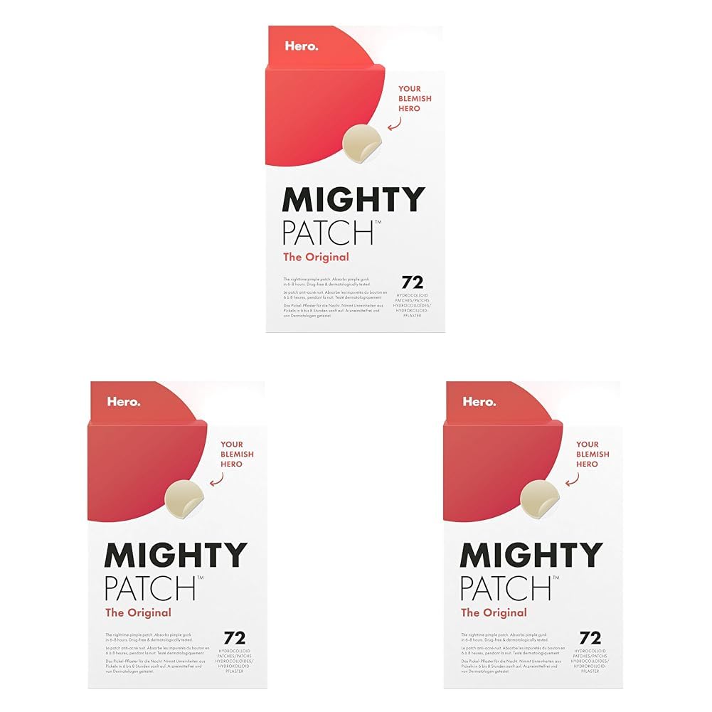 Mighty Patch Original Patches pentru coșuri de la Hero Cosmetics, plasturi mici din hidrocoloid pentru tratamentul acneei, 72 de bucăți (pachet cu 3). - 509870