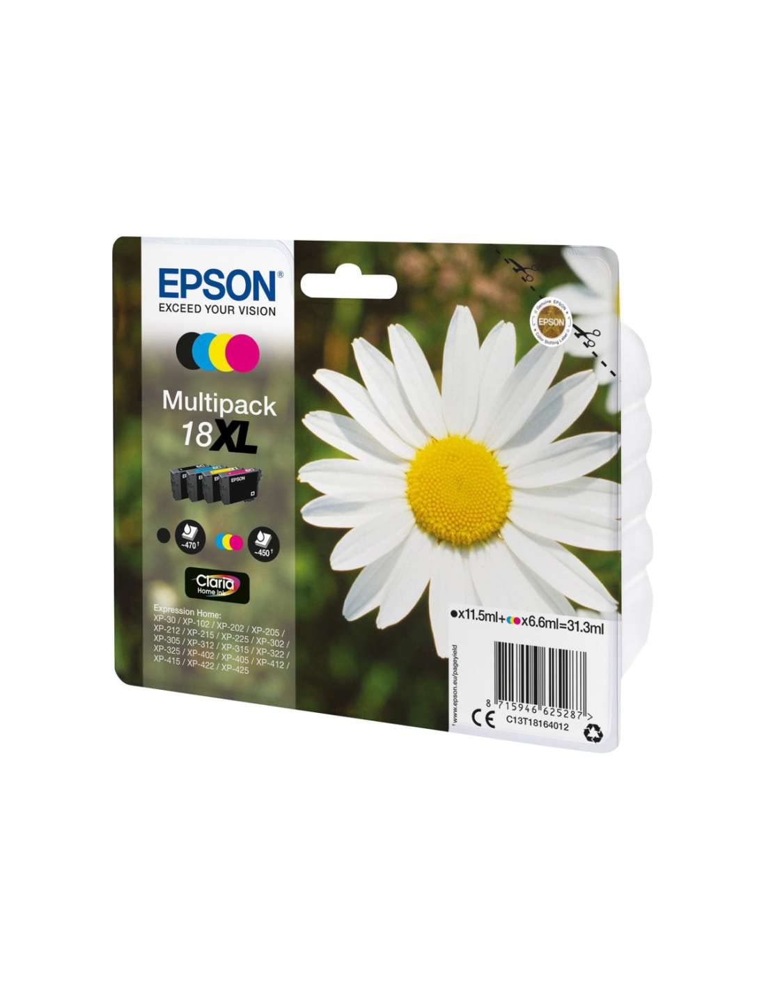 Epson 18XL Daisy High Yield Genuine Multipack, 4-colours Ink Cartridges, Claria Home Ink - C13T18164012