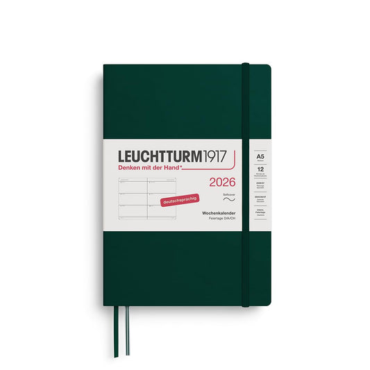 LEUCHTTURM1917 372560 Weekly Calendar Medium (A5) 2026, 12 Months, Softcover, Forest Green, German