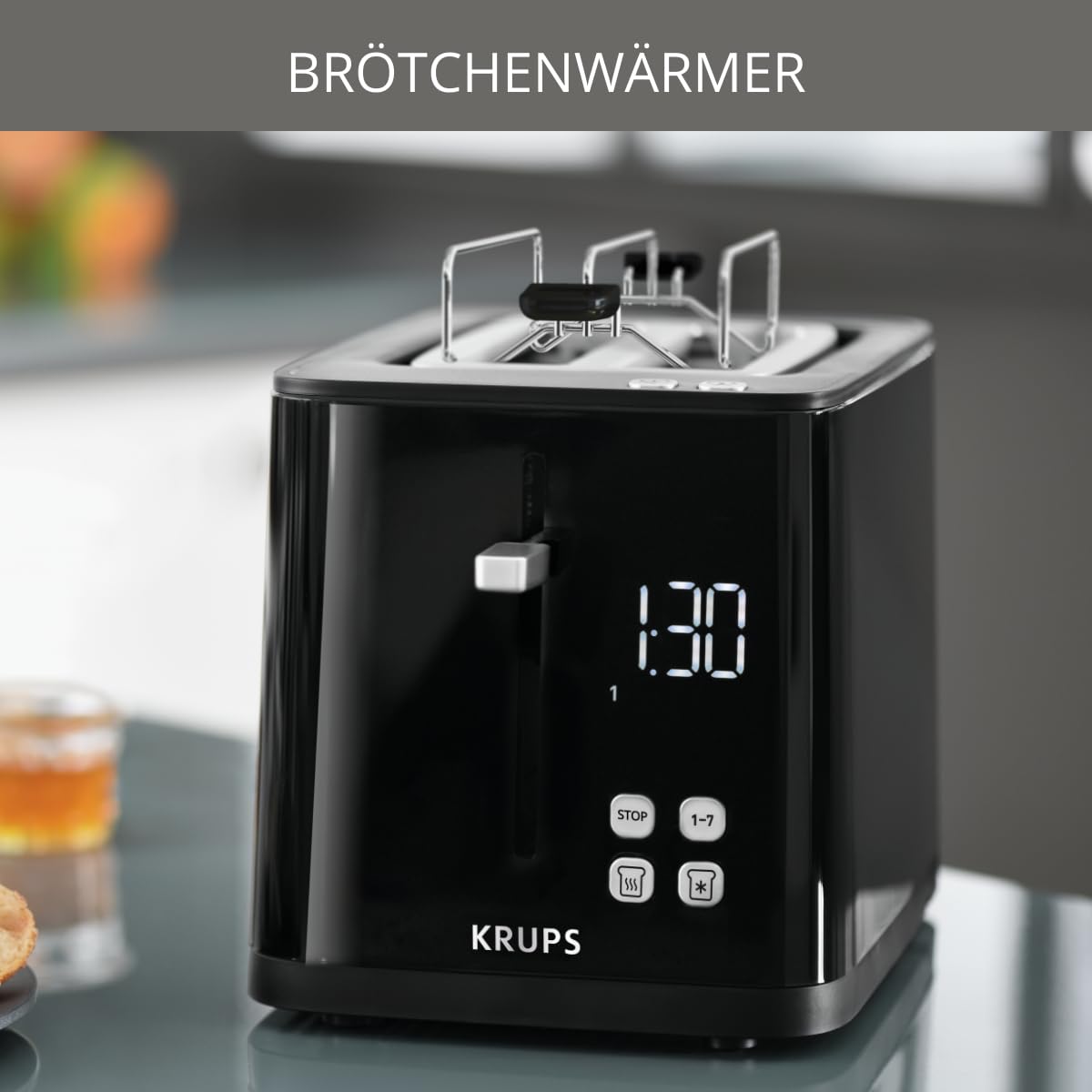 Krups KH641810 Smart'n Light Toaster, toaster cu două felii, display digital, 7 niveluri de rumenire, sertar pentru firimituri detașabil, cronometru, dispozitiv de ridicare, negru