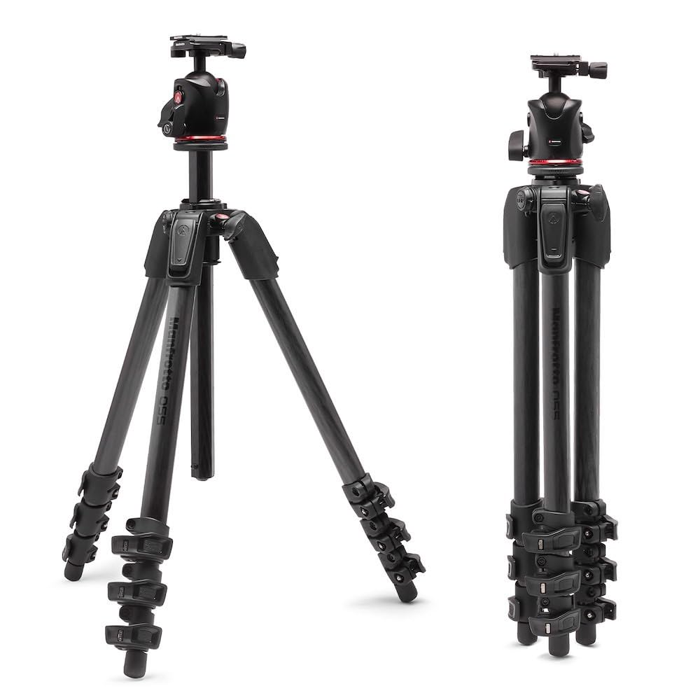 Manfrotto 055XPRO AS, 4-section carbon fiber camera tripod, kit with XPRO ball head, 90-degree column, 15 kg load capacity, Arca-Swiss plate, for DSLR/mirrorless camera, camera tripod, photo tripod. - MK055CXPRO4-Q6T