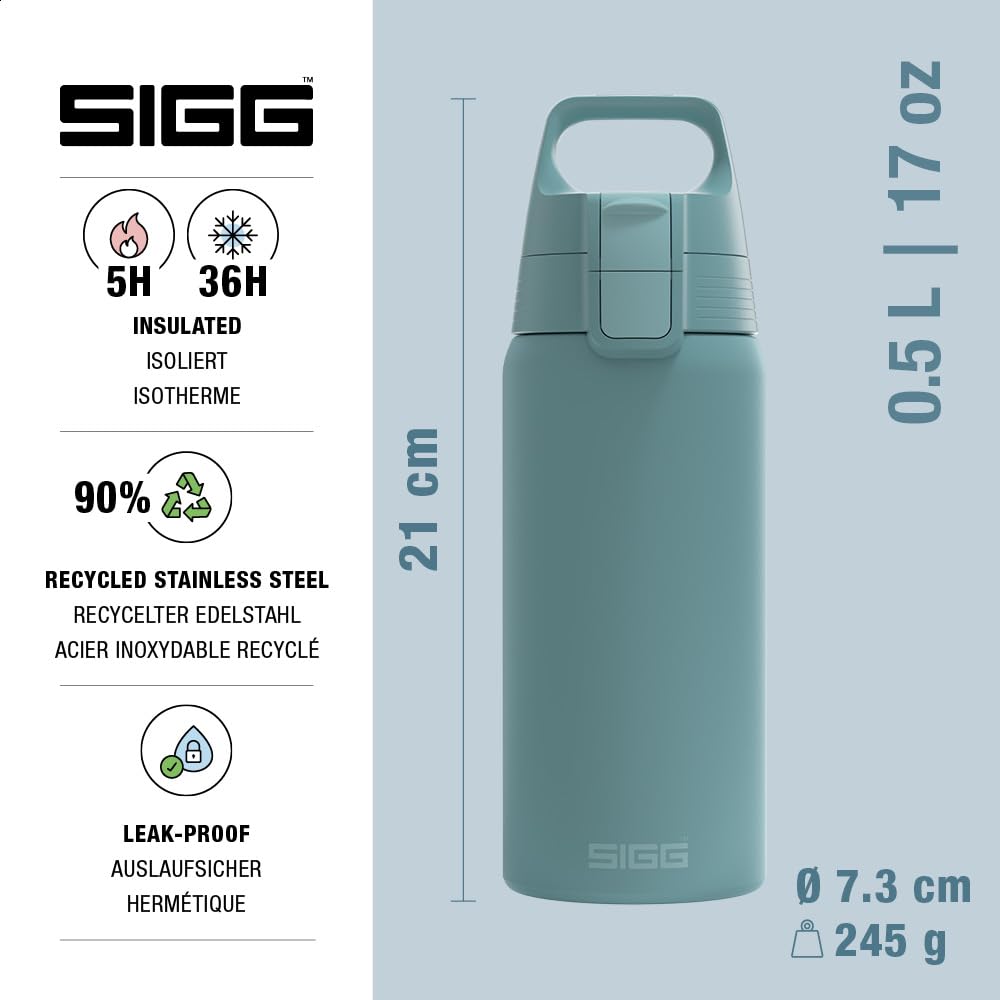 SIGG - Insulated drinking bottle - Thermos bottle Shield Therm One Morning Blue - carbonated drinks - leak-proof - dishwasher safe - BPA-free - 90% recycled stainless steel - gray blue - 0.5L - 6022.00