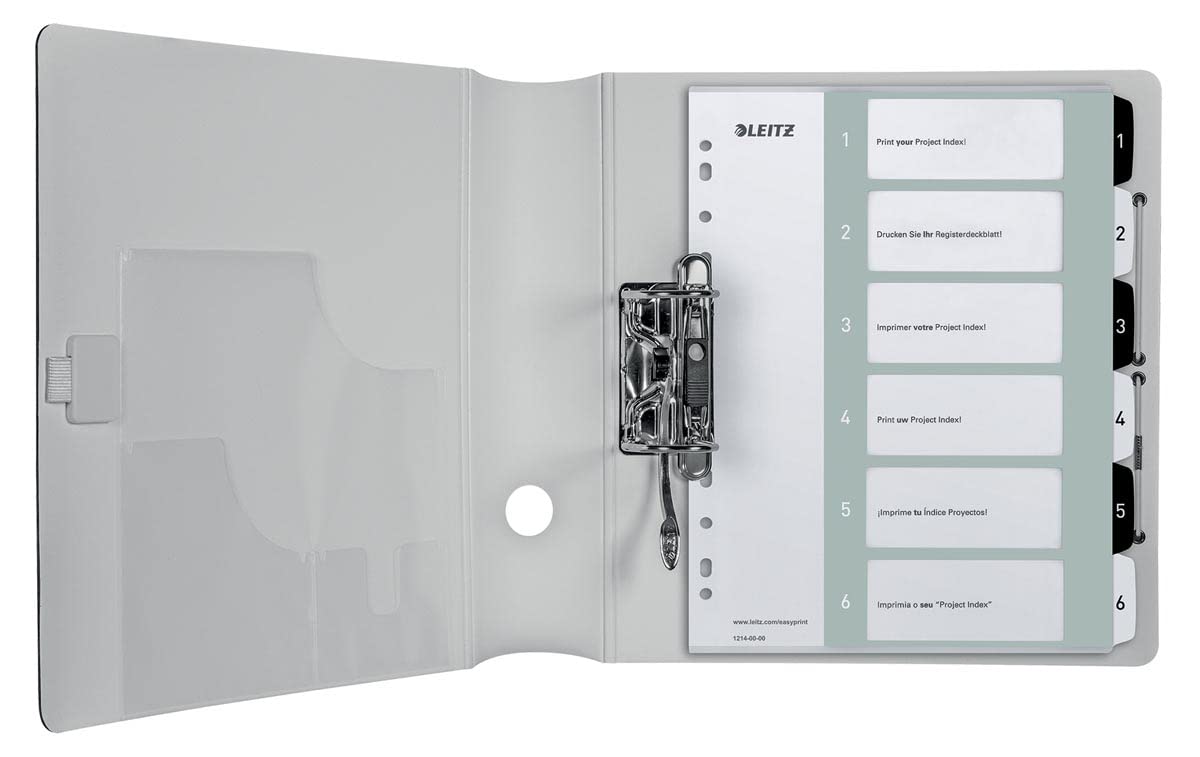 Leitz index for A4+, pack of 20, PC-writable cover sheet and 6 dividers, tabs with numbers printed 1-6, extra width, white/black, polypropylene, WOW, 12140000 - 12140000-20