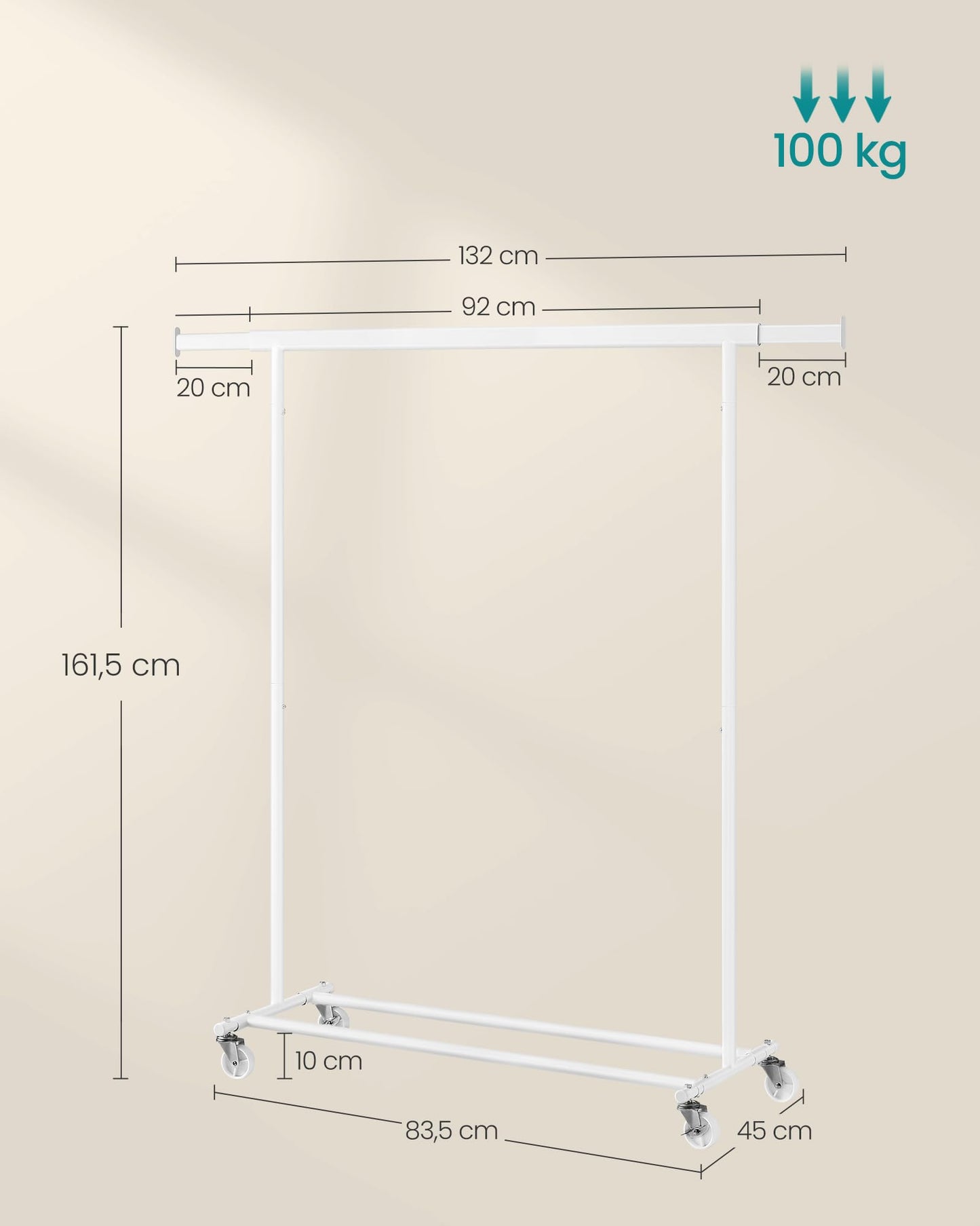 SONGMICS clothes rack on wheels, heavy-duty coat rack, extendable clothes rail, loads up to 100 kg, easy assembly, transportable, white HSR013W01