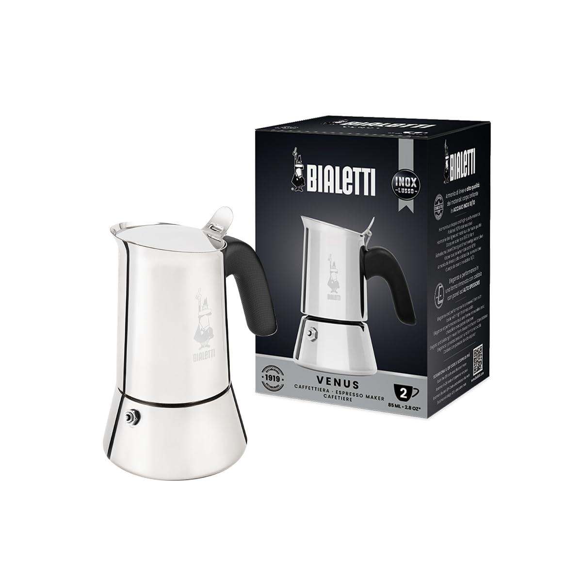 Bialetti - New Venus, espresso machine made of stainless steel, suitable for all types of stoves, 2 separate cups (0.85 ml), aluminum, silver (not suitable for induction) - 0007252/CN
