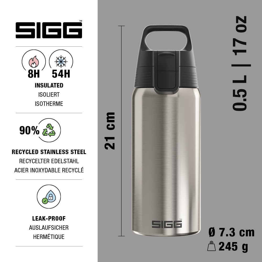SIGG - Insulated drinking bottle - Thermos bottle Shield Therm One Brushed - carbonated drinks - leak-proof - dishwasher safe - BPA-free - 90% recycled stainless steel - silver - 0.5L - 6217.80