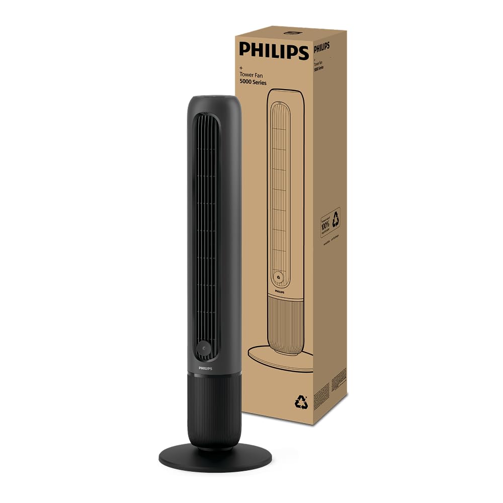 Philips tower fan 5000 Series. Powerful 8.0 m/s, ultra-quiet 24 dB, low energy consumption, remote control, 5 speed levels, sleep mode, 9-hour timer, 80° oscillation (CX5540/01)