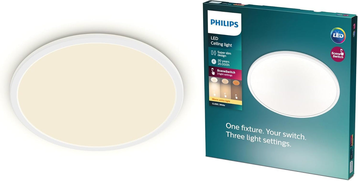 PHILIPS LED SceneSwitch Ceiling Light (36 W), LED ceiling light with 3 brightness levels and warm white light, energy-saving room lighting with EyeComfort, white - 929002667201