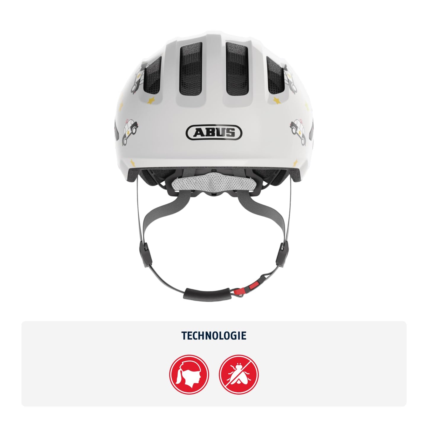 ABUS children's helmet Smiley 3.0 - bicycle helmet with a deep fit, child-friendly designs & space for a braid - for girls and boys - gray with car pattern, size M - 67270