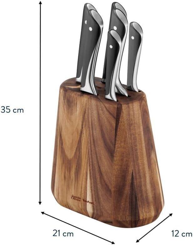 Tefal Jamie Oliver set de 7 piese, 6 cuțite de bucătărie + suport pentru cuțite din lemn de acacia, performanță de tăiere ridicată, design inconfundabil, lame rezistente și durabile, Maro/Negru, K267S7 - K267S656