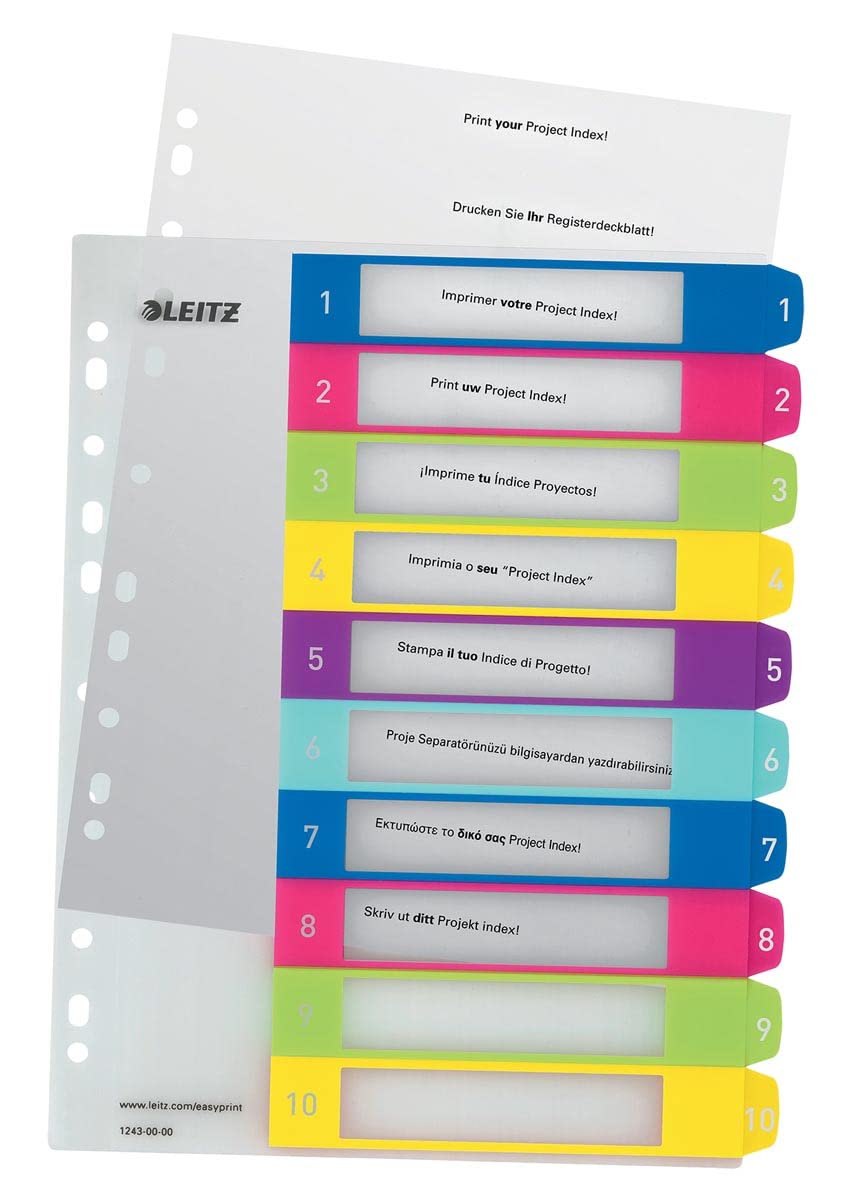 Leitz index for A4, pack of 10, PC-writable cover sheet and 10 dividers, tabs with numbers printed 1-10, extra width, multi-colored, polypropylene, WOW, 12430000 - 12430000-10