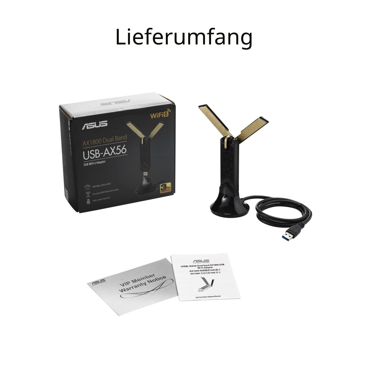 ASUS USB-AX56 Dual-Band AX1800 USB WLAN Adapter (WiFi 6, External Antenna, WPA3 Security, Plug and Play) - 90IG06H0-MO0R00