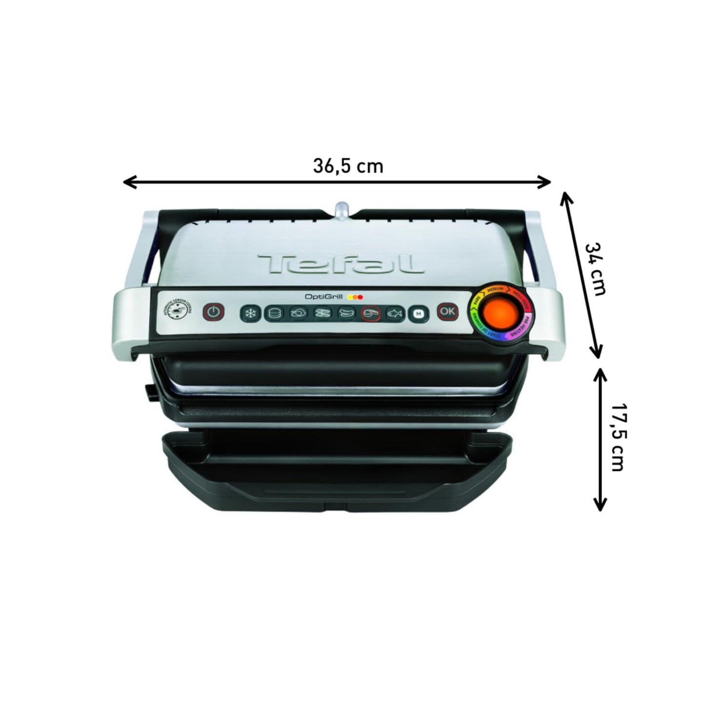Tefal OptiGrill contact grill - electric grill with 6 automatic programs, cooking level display and automatic temperature adjustment, defrosting and manual mode, removable non-stick coated plates - GC705D