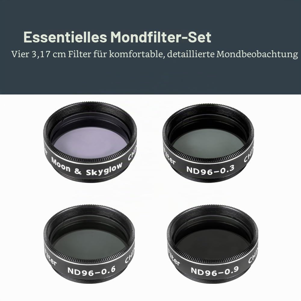 Kit filtrului lunar Celestron 94315 – Compatibil cu ocularele de telescop de 1.25", include filtru lunar și de strălucire a cerului, 3 filtre de densitate neutră, husă de transport și hartă a lunii, negru. - 94315-CGL