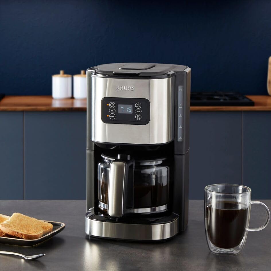 Krups KM480D Excellence Stainless Steel Programmable Filter Coffee Machine, 24-hour timer, brew strength selection water head, pre-infusion mode, anti-drip system, 1.25 L capacity, 15 cups - KM480D10