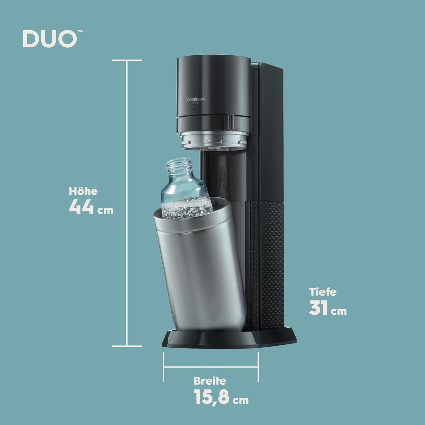 SodaStream water soda maker DUO Comfort set with Quick-Connect CO2 cylinder | Includes 2x 1L glass bottle, 2x 1L FUSE plastic bottle (dishwasher safe) and bottle drainer | Color: titanium - 1100463490