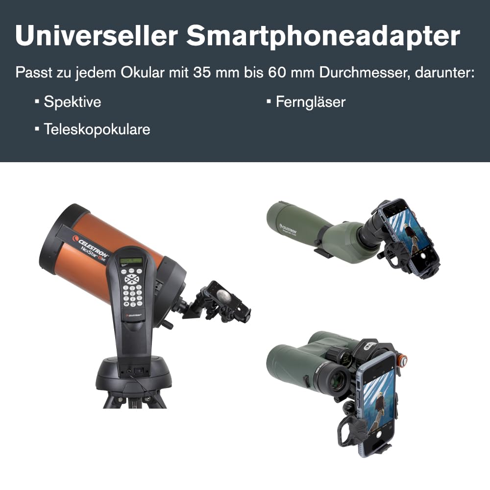 Celestron 81055 NexYZ 3-Axis Universal Smartphone Adapter, Patented Design - Works with Telescopes, Spotting Scopes, Binoculars, Monoculars and Microscopes, Black - CE-AANYZ-81055