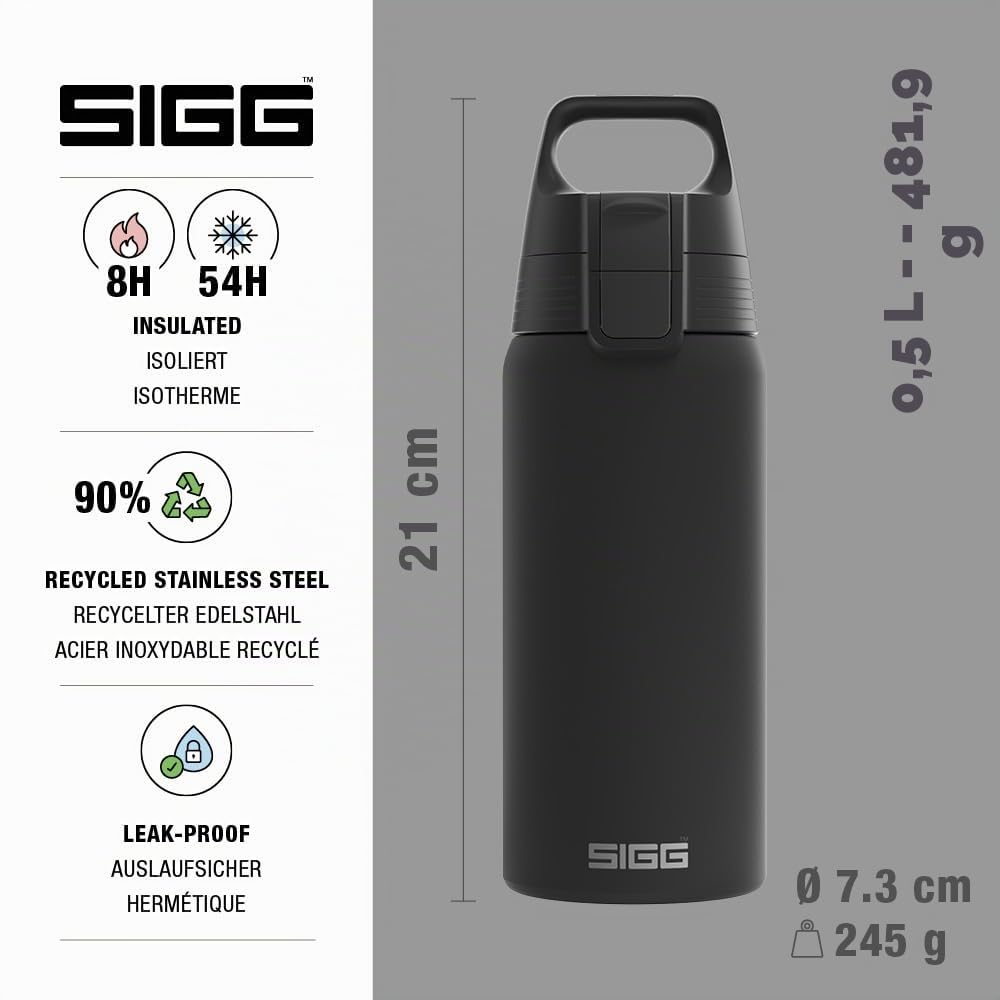 SIGG - Insulated drinking bottle - Thermos bottle Shield Therm One Black - Carbonated drinks - Leak-proof - Dishwasher safe - BPA-free - 90% recycled stainless steel - Black - 0.5L - 6056.30