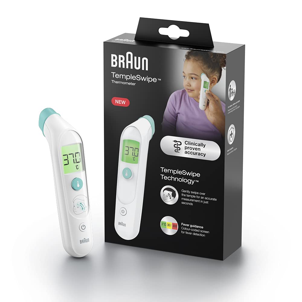 Braun Sensian Swipe 5 Termometru pentru somn | Tehnologia TempleSwipe | Ecran digital cu cod de culori | Potrivit pentru bebeluși și copii | Rezultate în 3 secunde | Marca #1 în rândul medicilor(1) | BST200 - BST200WE