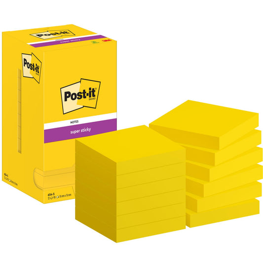 Post-it Super Sticky Notes, 12 pads (1080 sheets), 76mm x 76mm, Yellow - 654-S