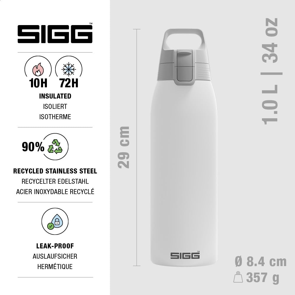 SIGG - Insulated drinking bottle - Thermos bottle Shield Therm One White carbonated drinks - Leak-proof - Dishwasher safe - BPA-free - 90% recycled stainless steel - White - 1L - 6053.00