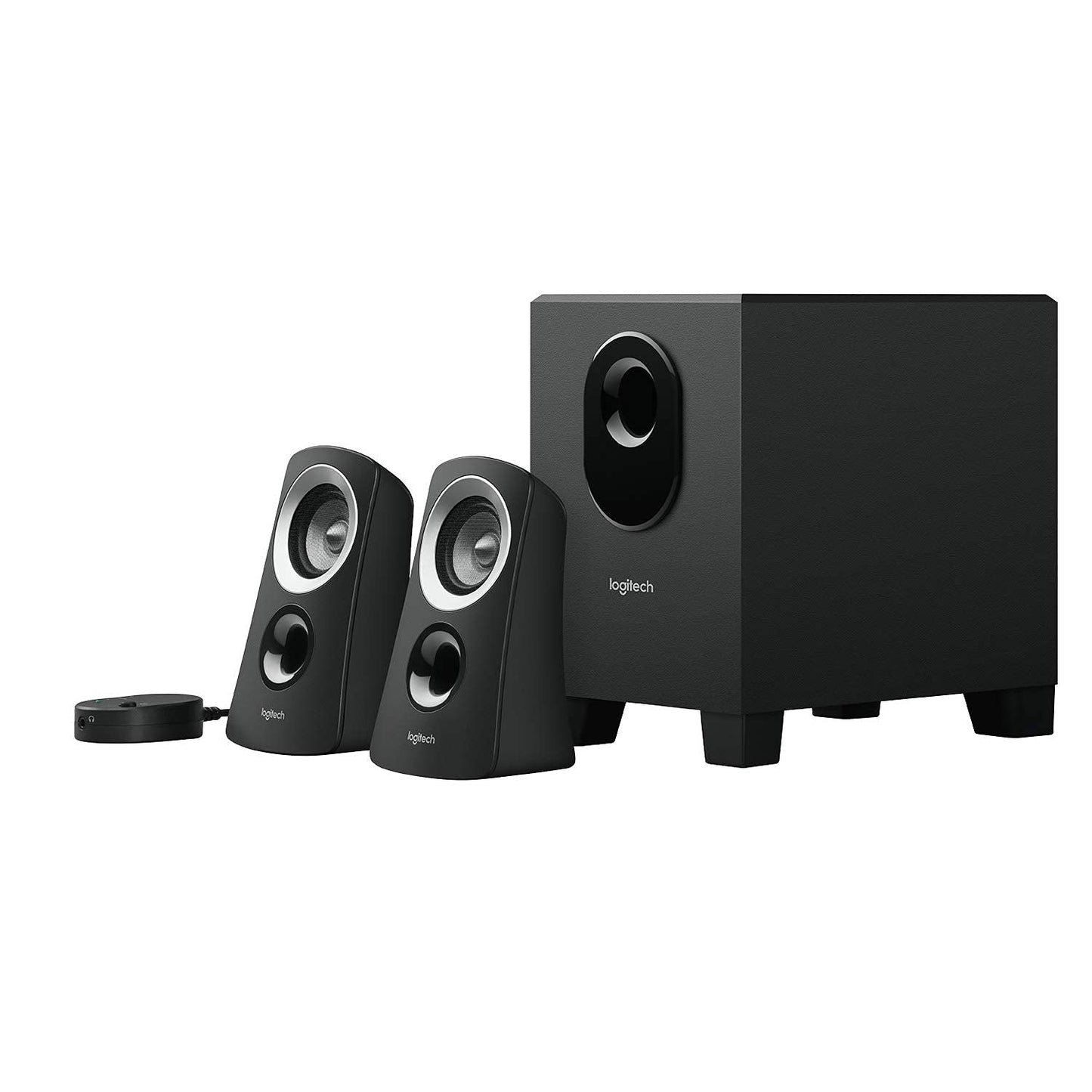 Logitech Z313 2.1 speaker system with subwoofer, 50 watt peak power, 3.5 mm input, headphone jack, controls on the control unit, UK plug, PC/TV/tablet/mobile phone - black - 980-000447